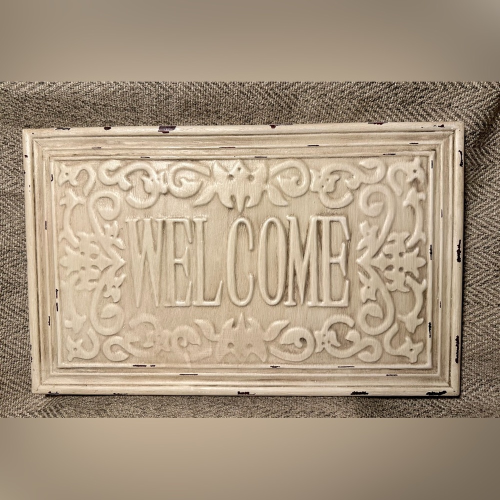 WELCOME off-white/cream distressed home decor sign approx 10x16 NEW